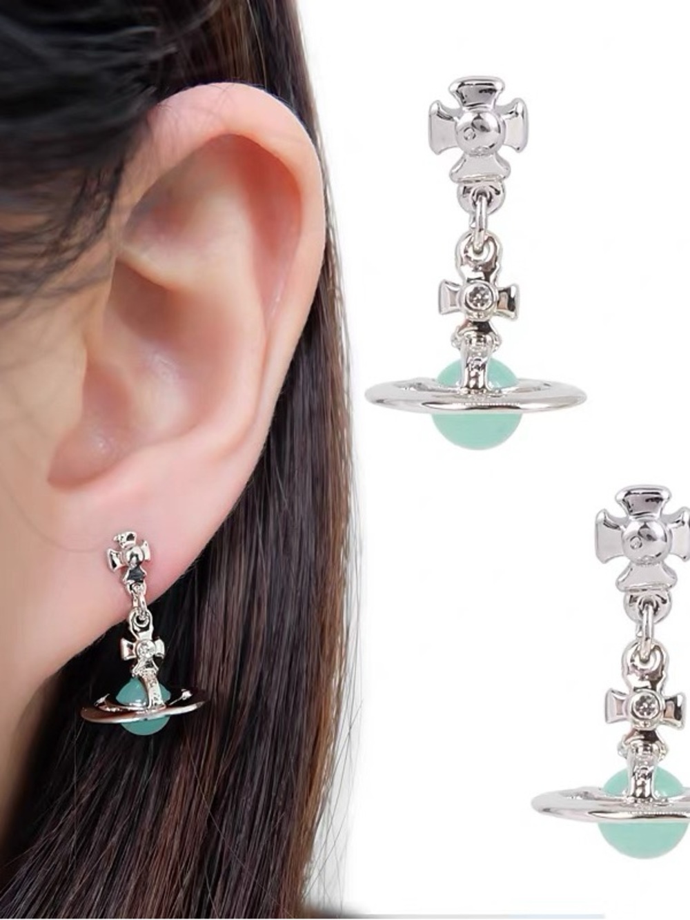 Vivienne Westwood Silver Orb Drop Earrings with Mint Green Accent